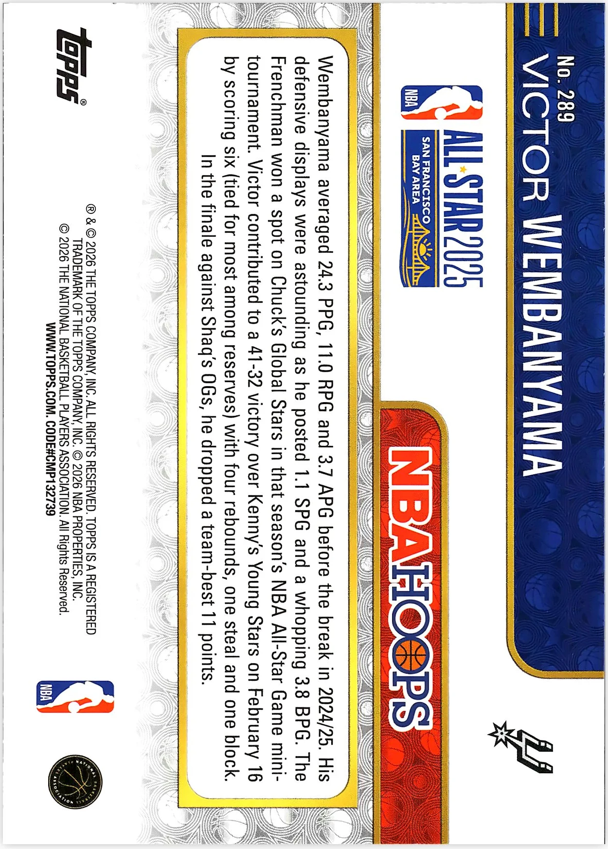 Victor Wembanyama #289 All Star 2026 NBA Hoops basketball card - Front