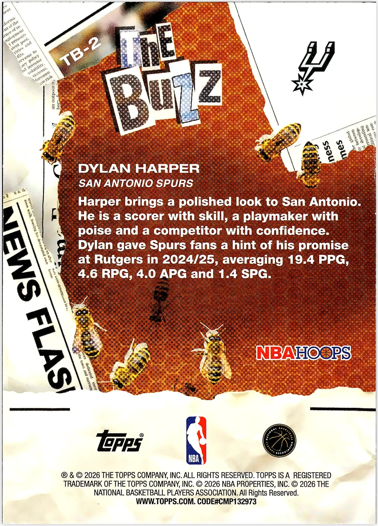 Dylan Harper #TB-2 The Buzz Light Burst Rookie Card 2026 NBA Hoops basketball rookie card - Front