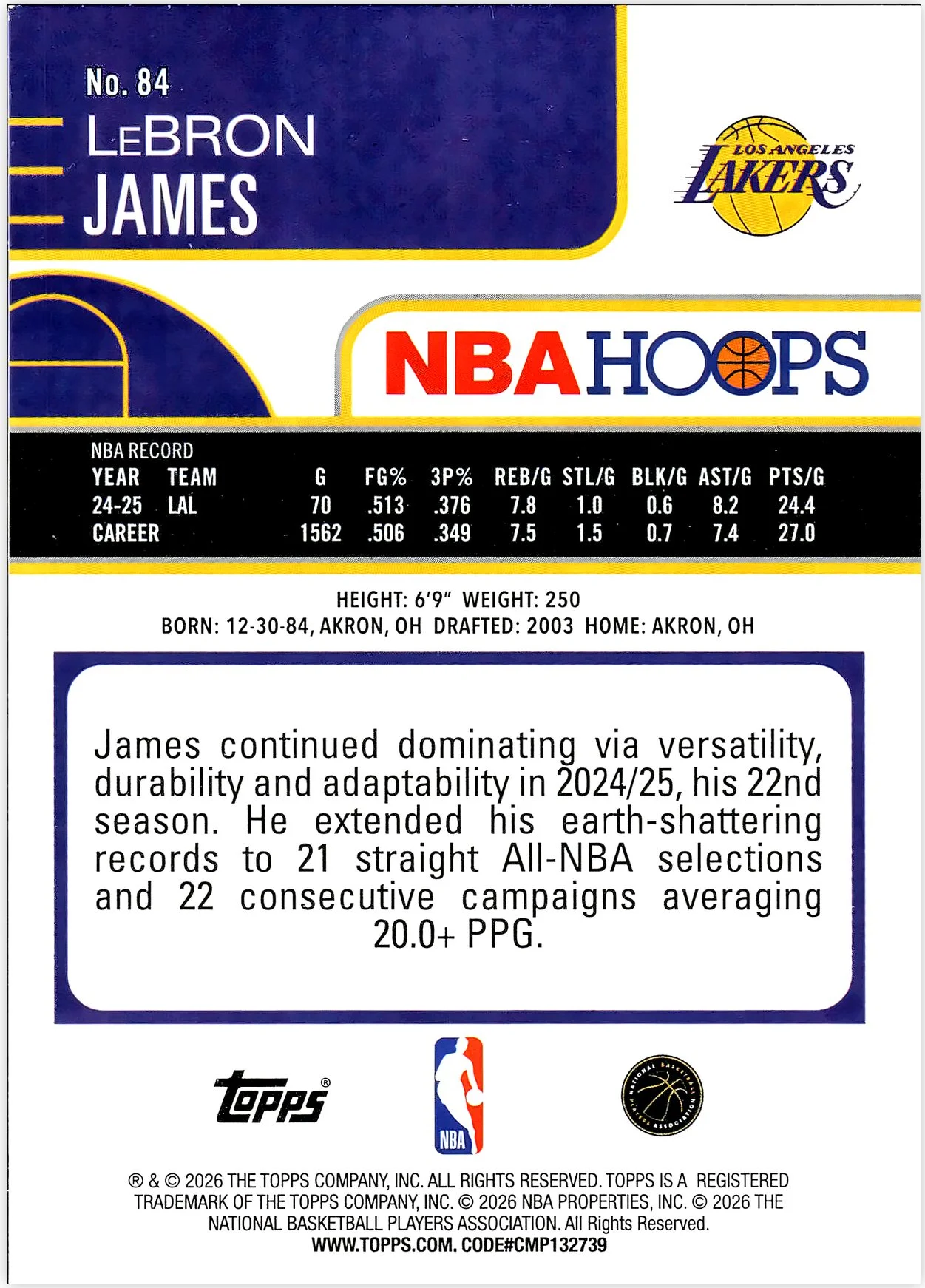 LeBron James #84 Orange Hoops 2026 NBA Hoops basketball card - Front
