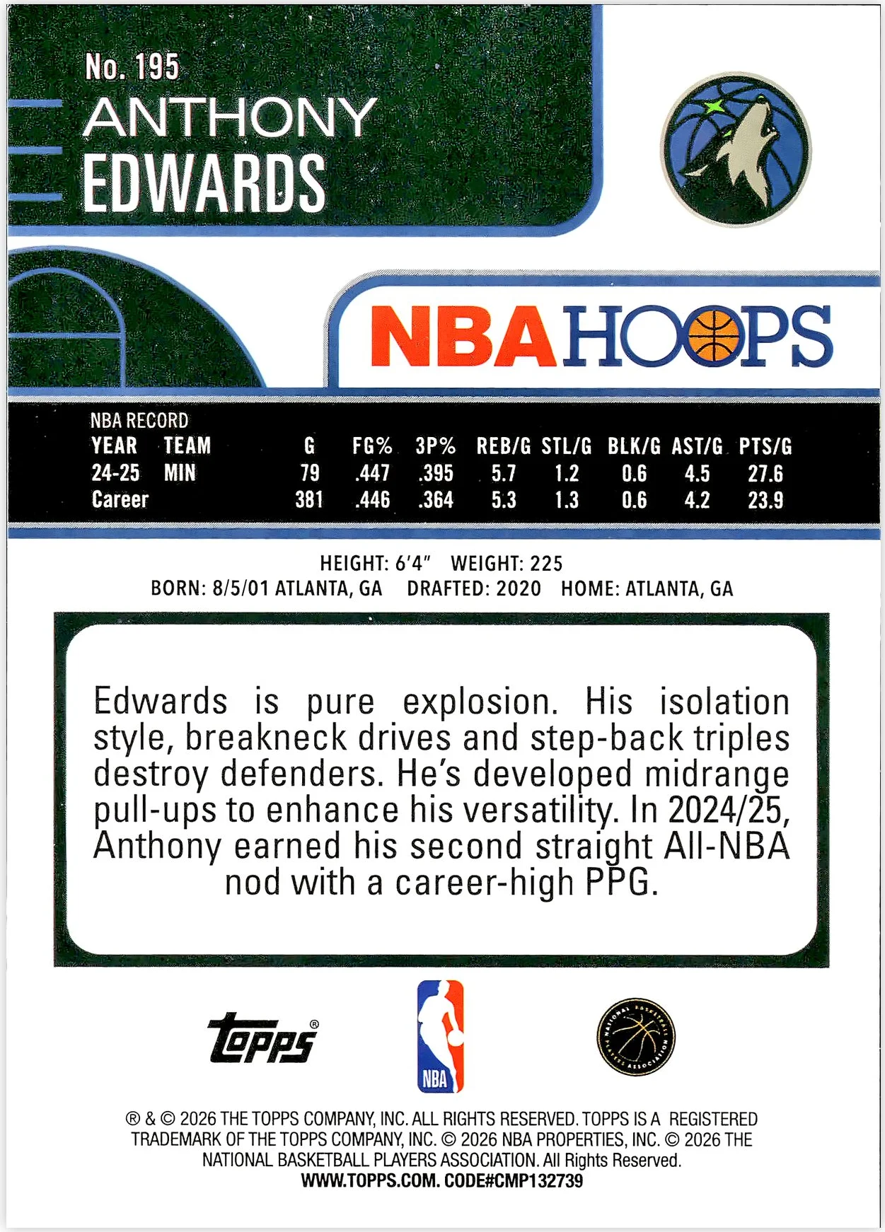Anthony Edwards #195 Orange Hoops 2026 NBA Hoops basketball card - Front