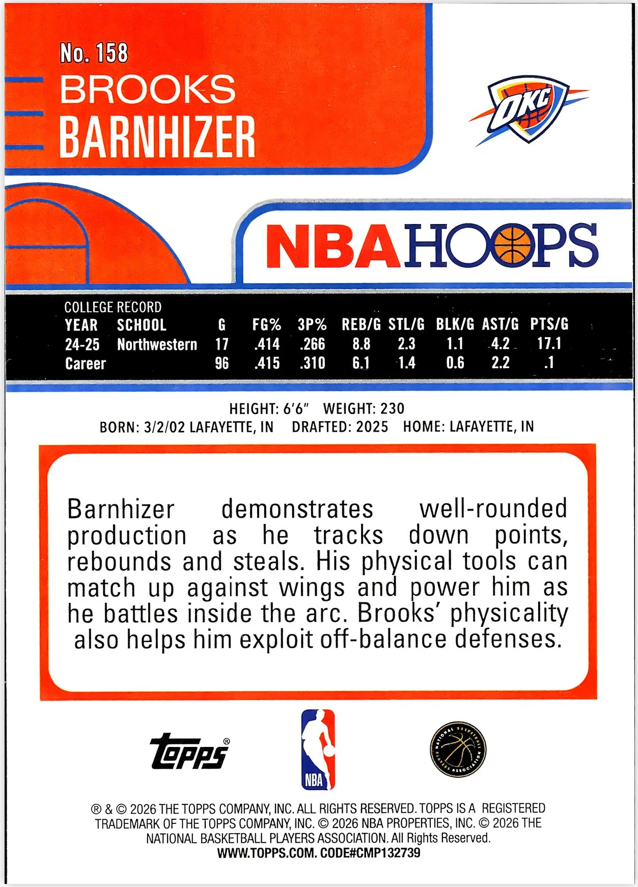Brooks Barnhizer #158 Orange Hoops Rookie Card 2026 NBA Hoops basketball rookie card - Front