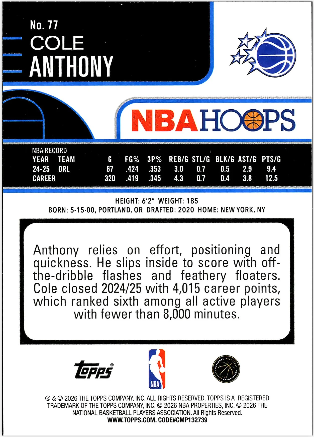 Cole Anthony #77 Orange Hoops 2026 NBA Hoops basketball card - Front