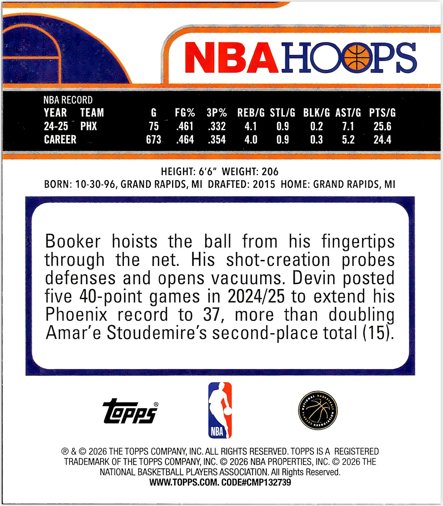 Devin Booker Orange Hoops 2026 NBA Hoops basketball card - Front