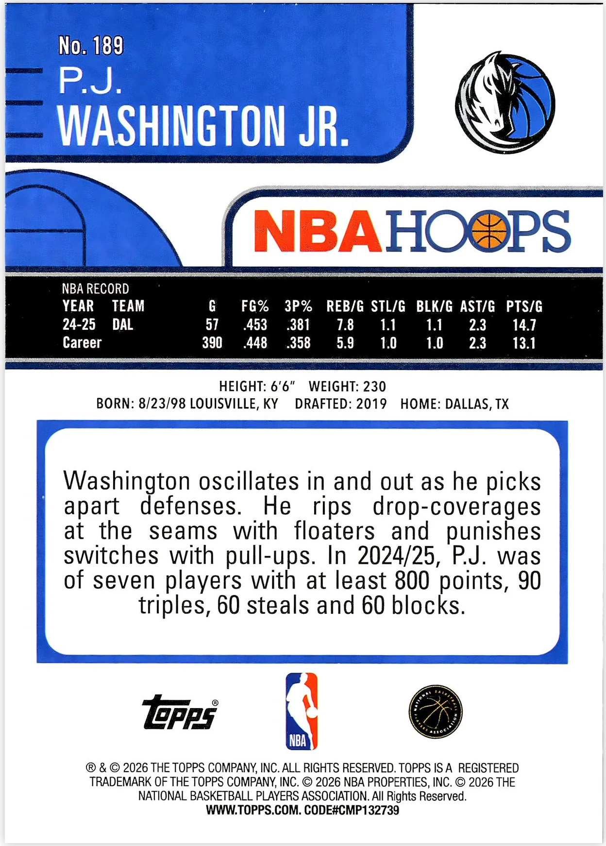 P.J. Washington Jr. #189 Orange Hoops 2026 NBA Hoops basketball card - Front