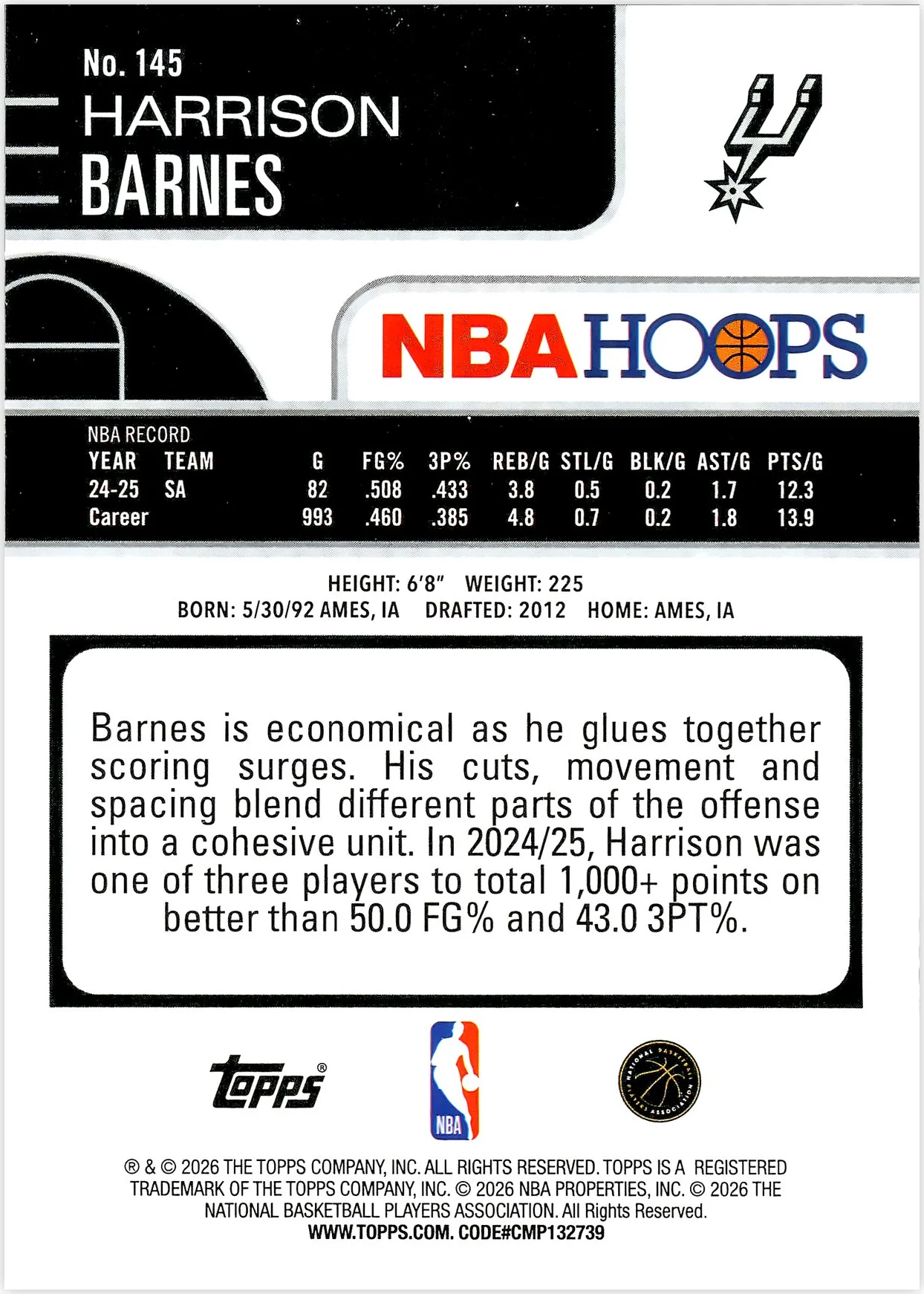 Harrison Barnes #145 Orange Hoops 2026 NBA Hoops basketball card - Front