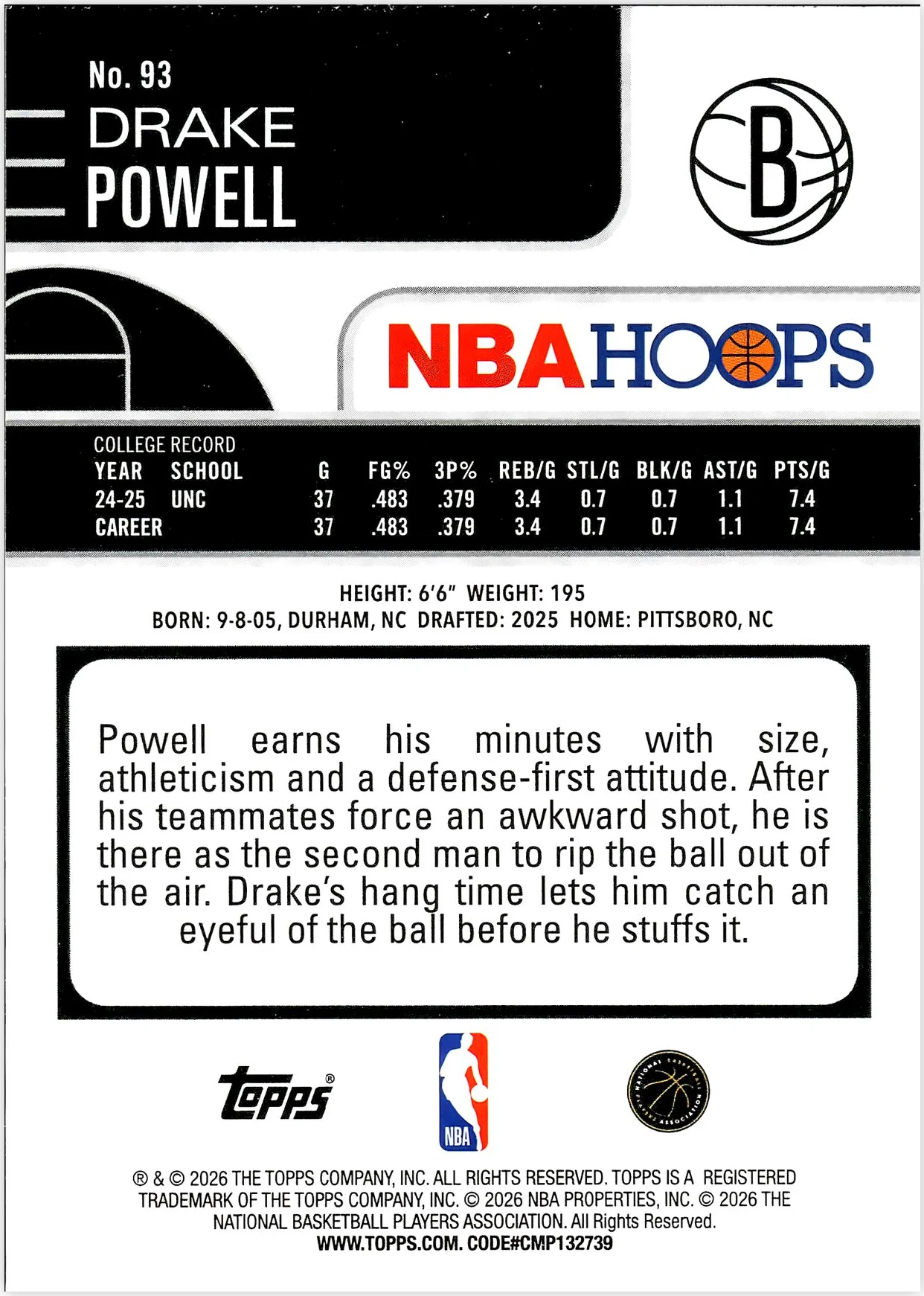 Drake Powell #93 Orange Hoops Rookie Card 2026 NBA Hoops basketball rookie card - Front