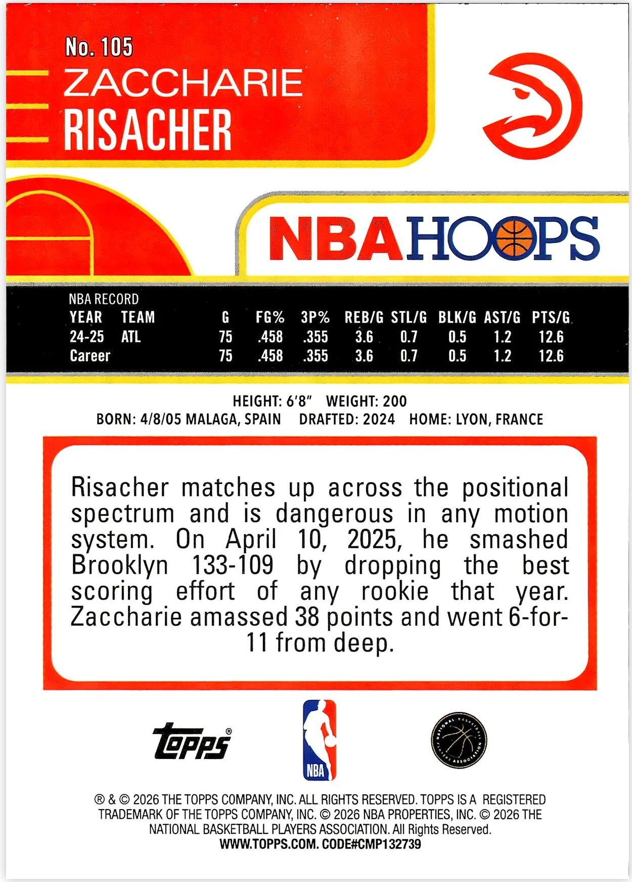 Zaccharie Risacher #105 Orange Hoops 2026 NBA Hoops basketball card - Front
