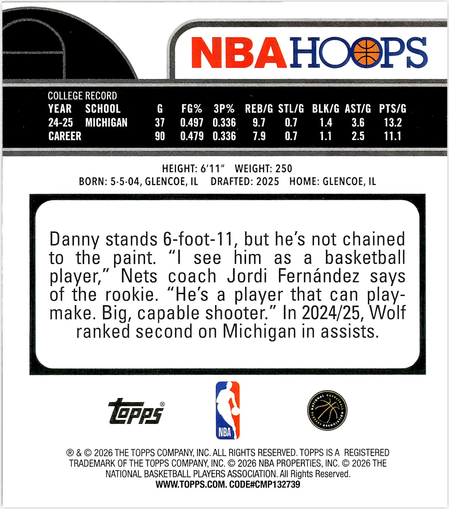 Danny Wolf #CMP132739 Orange Hoops Rookie Card 2026 NBA Hoops basketball rookie card - Front