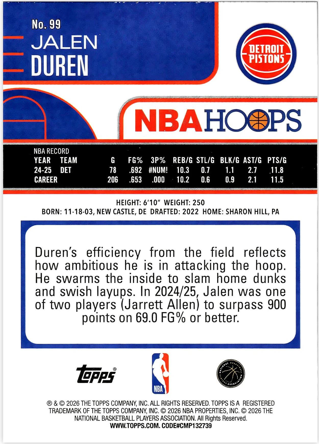 Jalen Duren #99 Orange Hoops 2026 NBA Hoops basketball card - Front