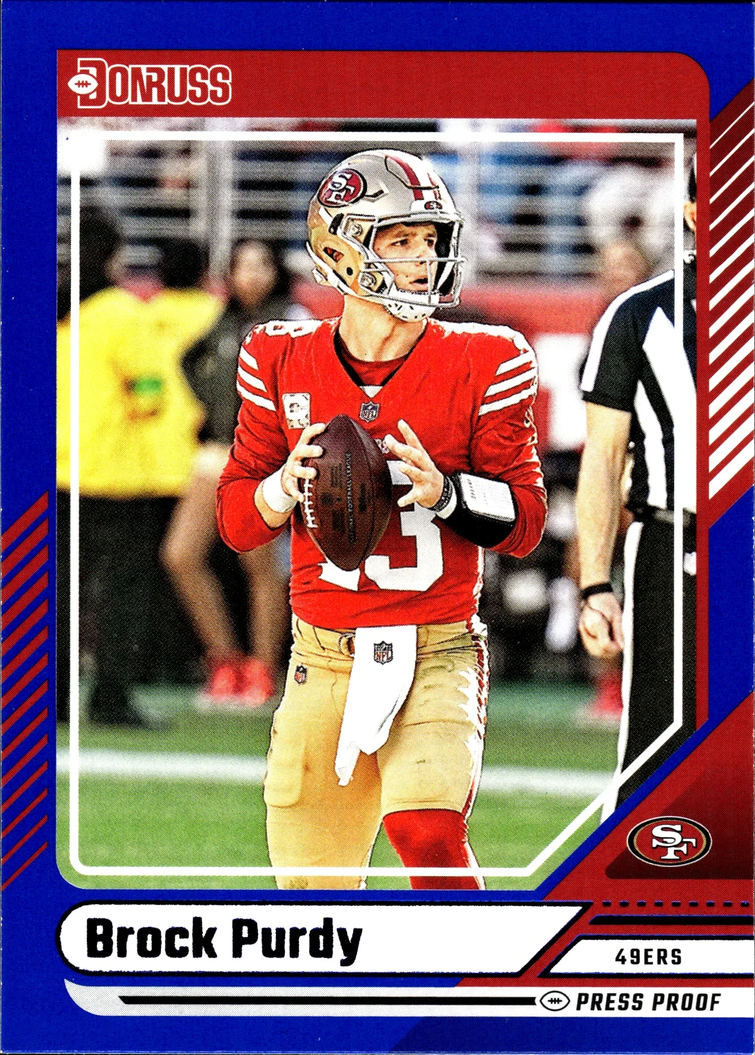 Brock Purdy 2024 Donruss #150 Press Proof Blue football card - Front