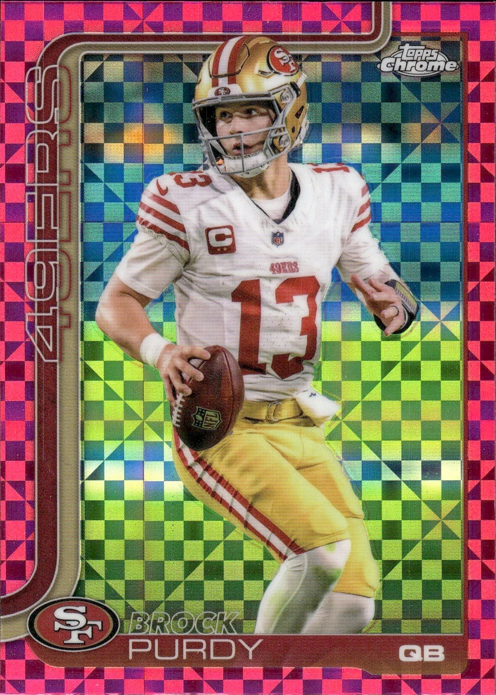 Brock Purdy #262 2025 Topps Chrome Football Hot Pink X-Fractor front