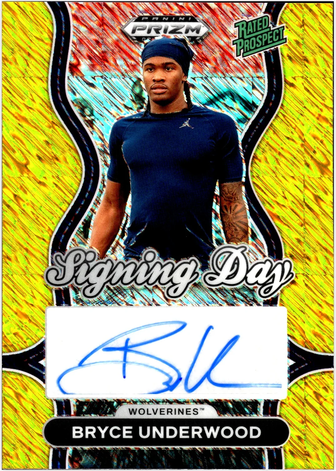 Bryce Underwood 2025 Panini Prizm Draft Picks #SD-BUD Signing Day Gold Shimmer football card - Front