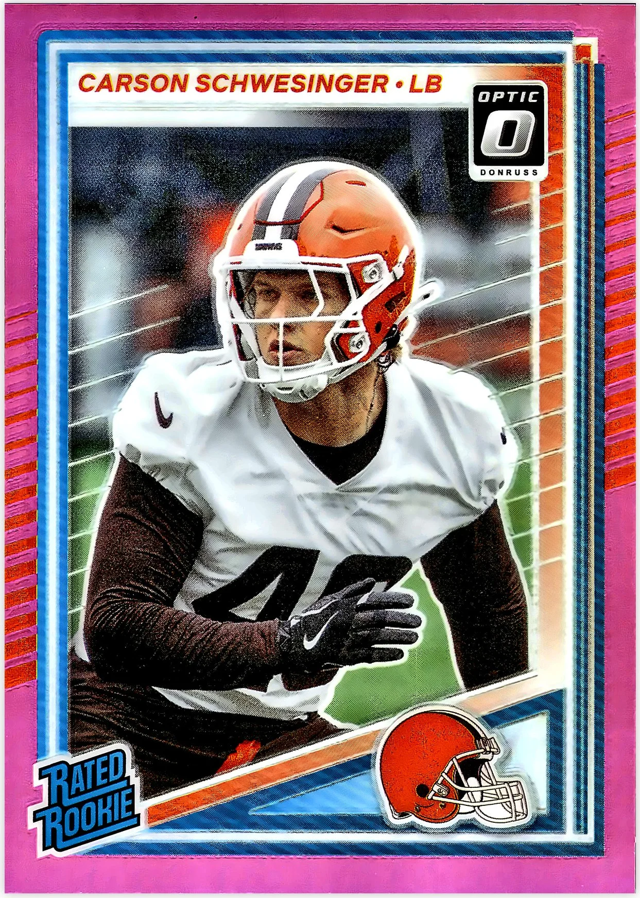 Carson Schwesinger 2025 Donruss #392 Optic Rated Rookies Preview Pink football rookie card - Front