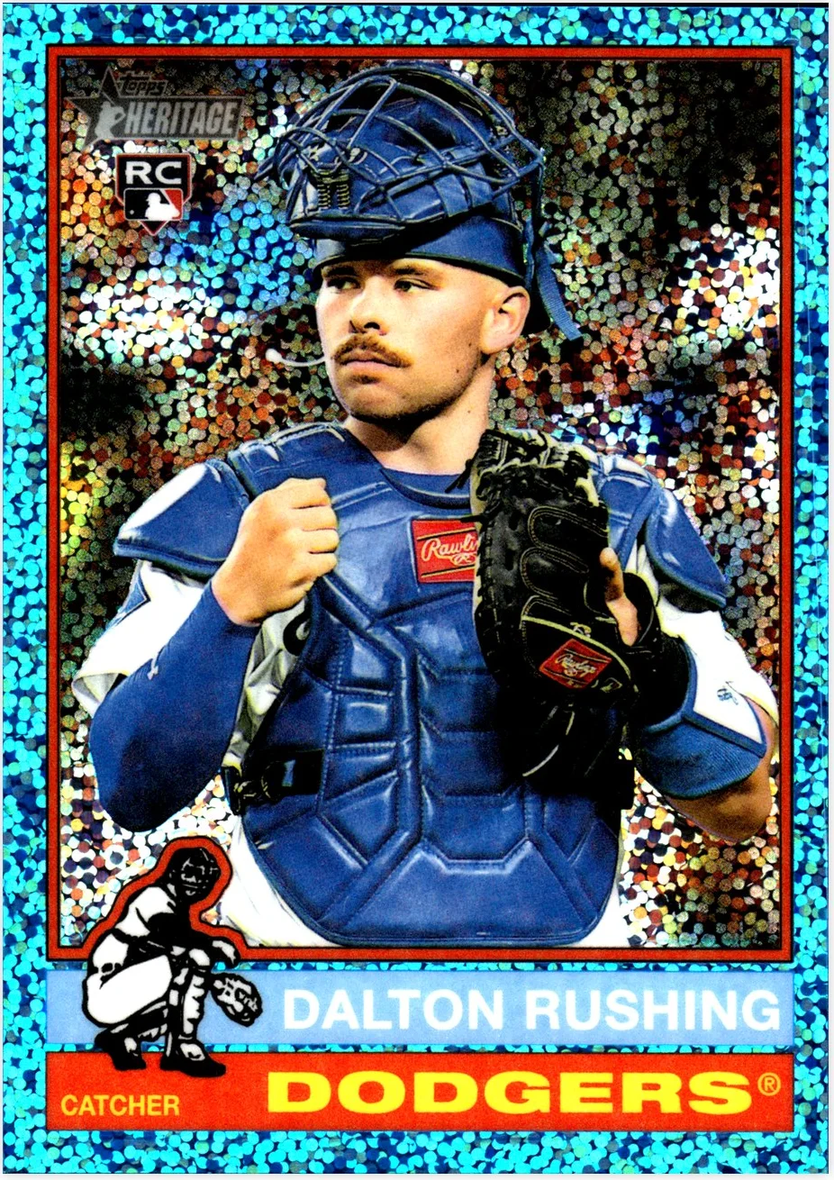 Dalton Rushing Rookie Card 2025 Topps Heritage #702 Chrome Light Blue Sparkle Refractor baseball rookie card - Front