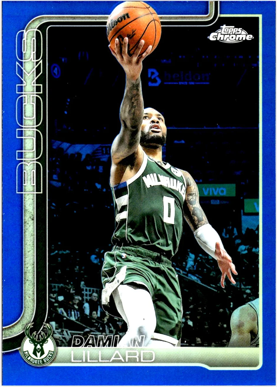 Damian Lillard 2025-26 Topps Chrome #153 Blue Refractor basketball card - Front