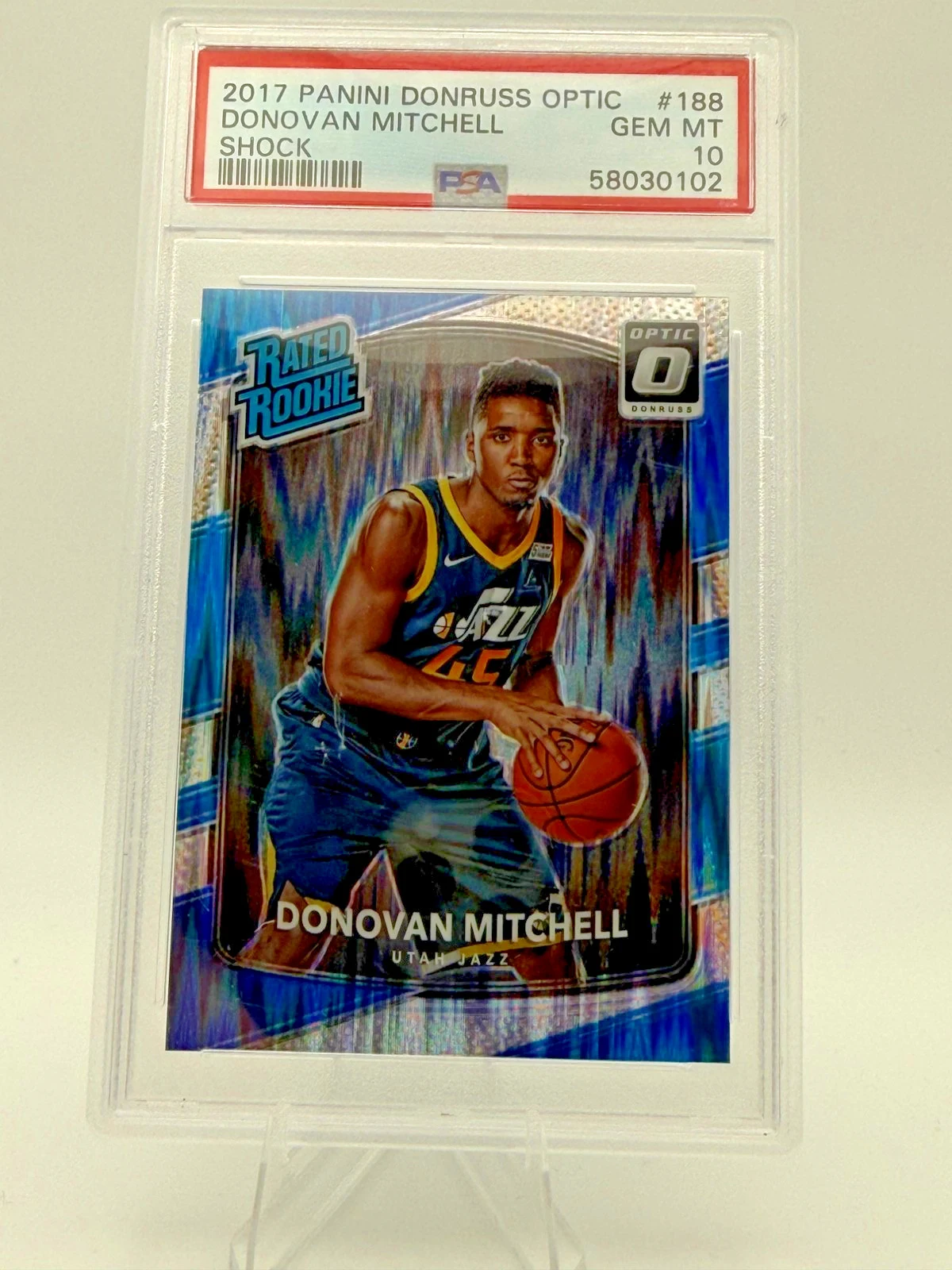 Donovan Mitchell #188 Rookie Card 2017 Donruss Optic Basketball Shock PSA10 front