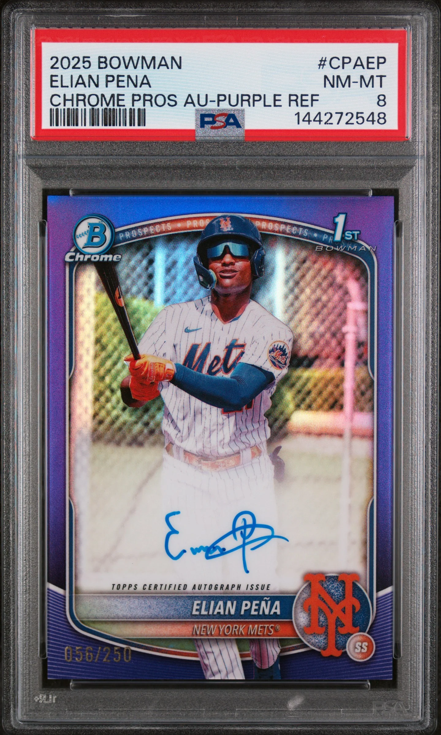 Elian Pena PSA 8 2025 Bowman Chrome Prospect Autographs #CPAEP Chrome Pros Au-Purple Ref baseball card - Front