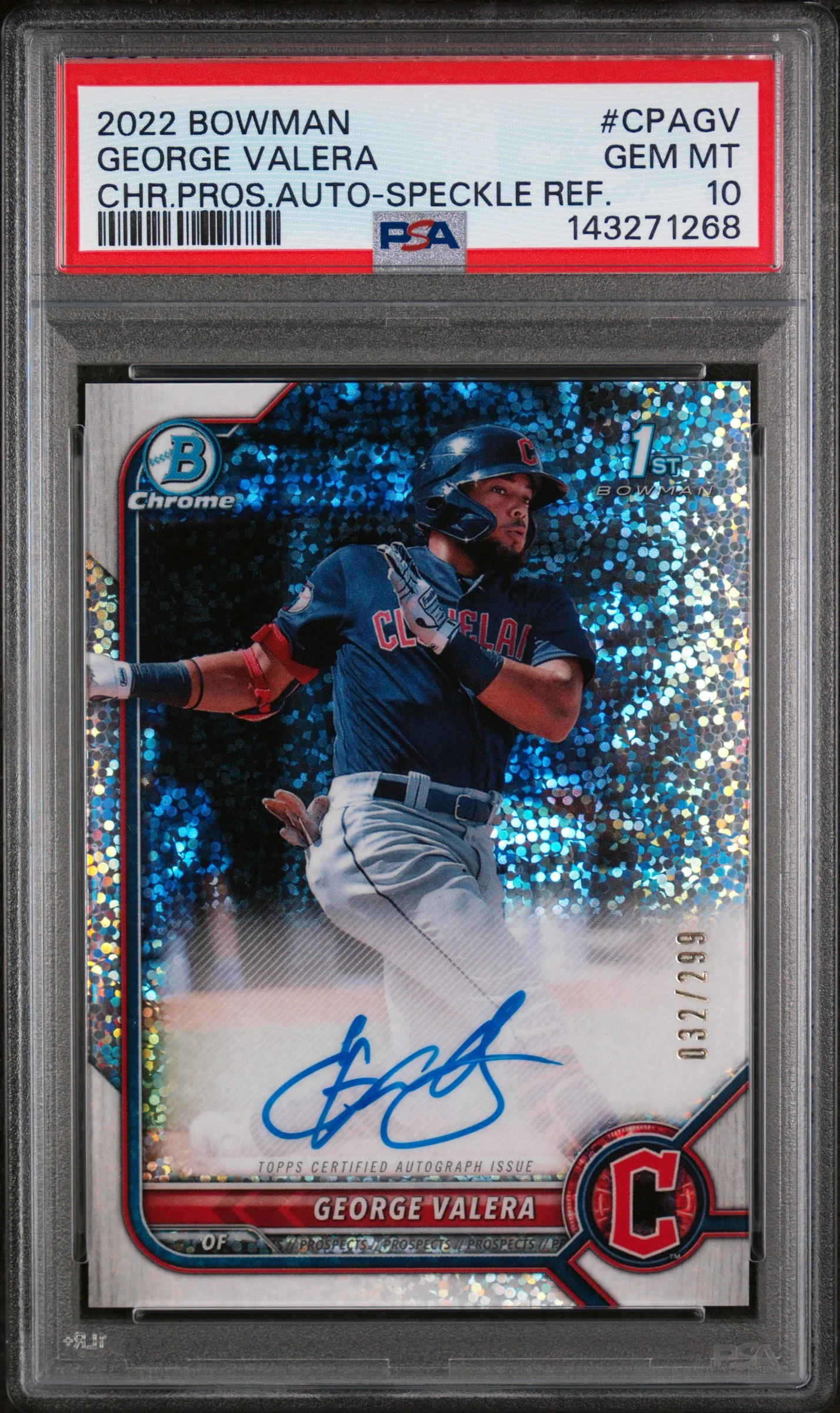 George Valera 2022 Bowman Chrome Prospect Autographs #CPAGV Chr.Pros.Auto-Speckle Ref. baseball card - Front