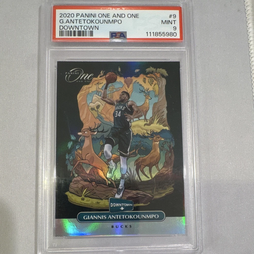 Giannis Antetokounmpo #9 2020-21 Panini One and One Basketball Downtown PSA 9 front