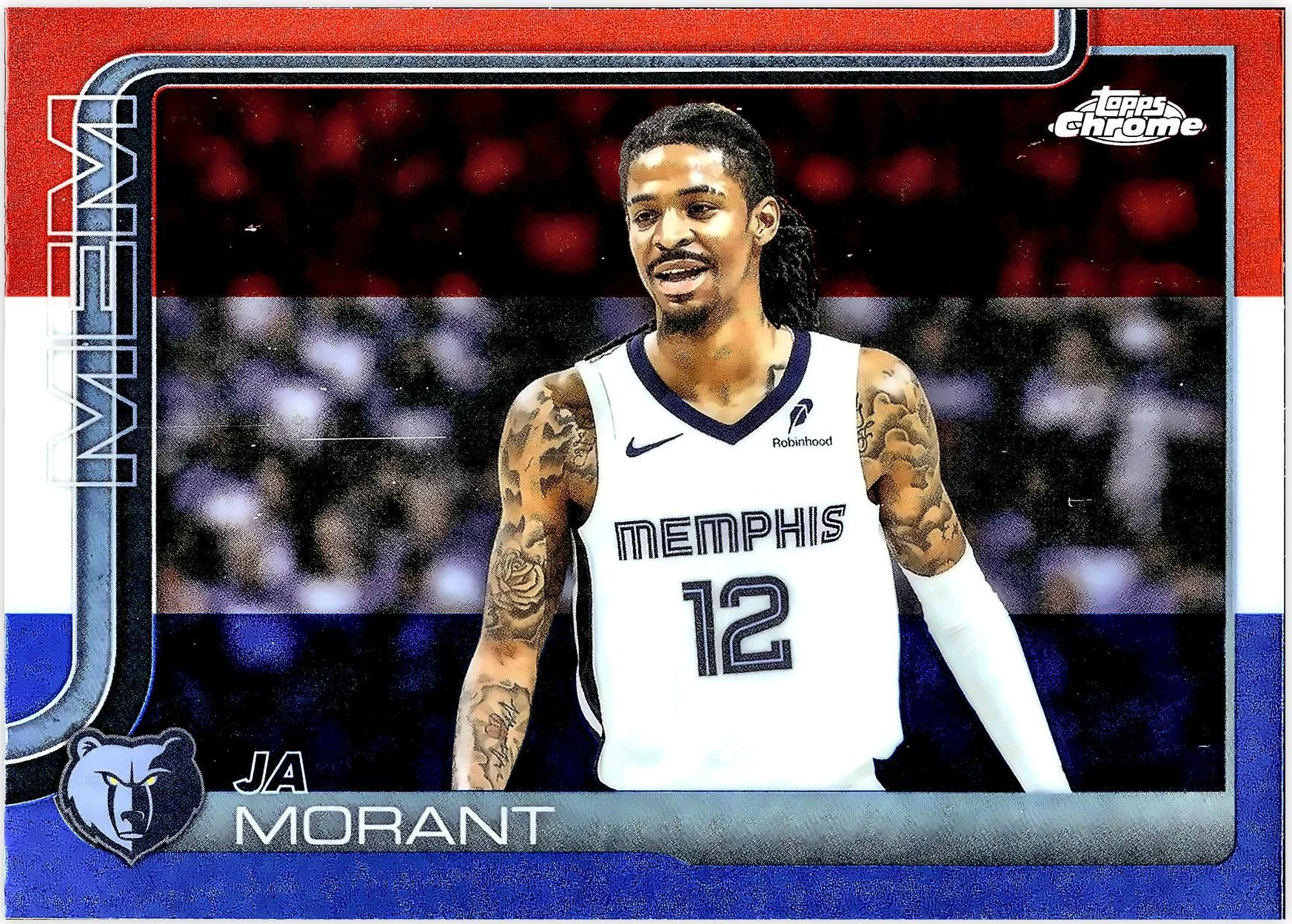 Ja Morant 2025-26 Topps Chrome #158 Red White and Blue Refractor basketball card - Front