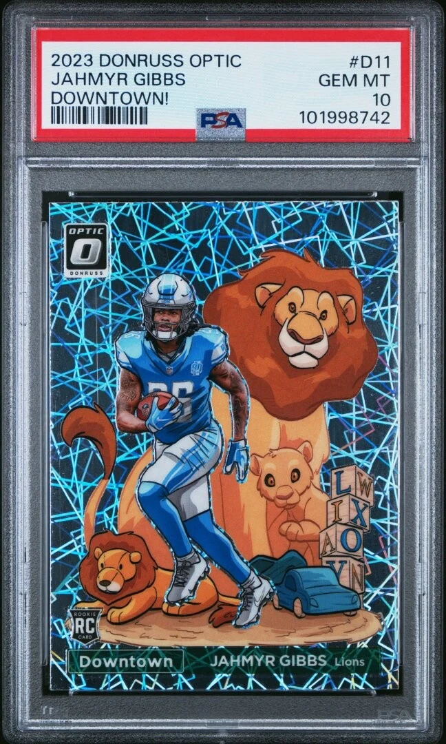 Jahmyr Gibbs #D-11 2023 Donruss Optic Football Downtown PSA 10 front