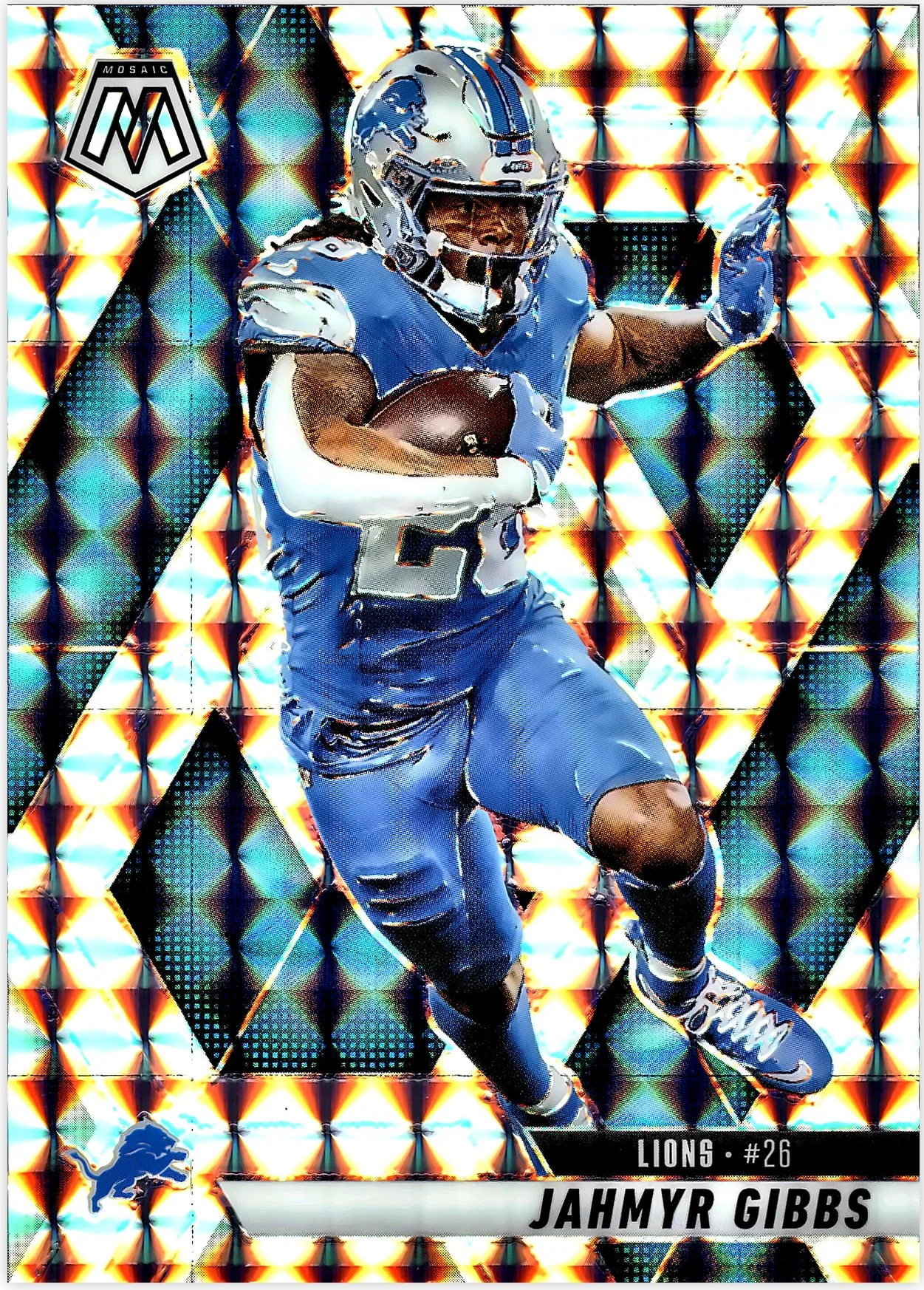 Jahmyr Gibbs 2025 Panini Mosaic #103 Mosaic No Huddle Silver football card - Front