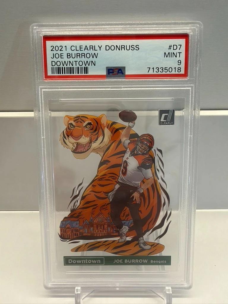 Joe Burrow #D-7 2021 Clearly Donruss Football Downtown PSA 9 front
