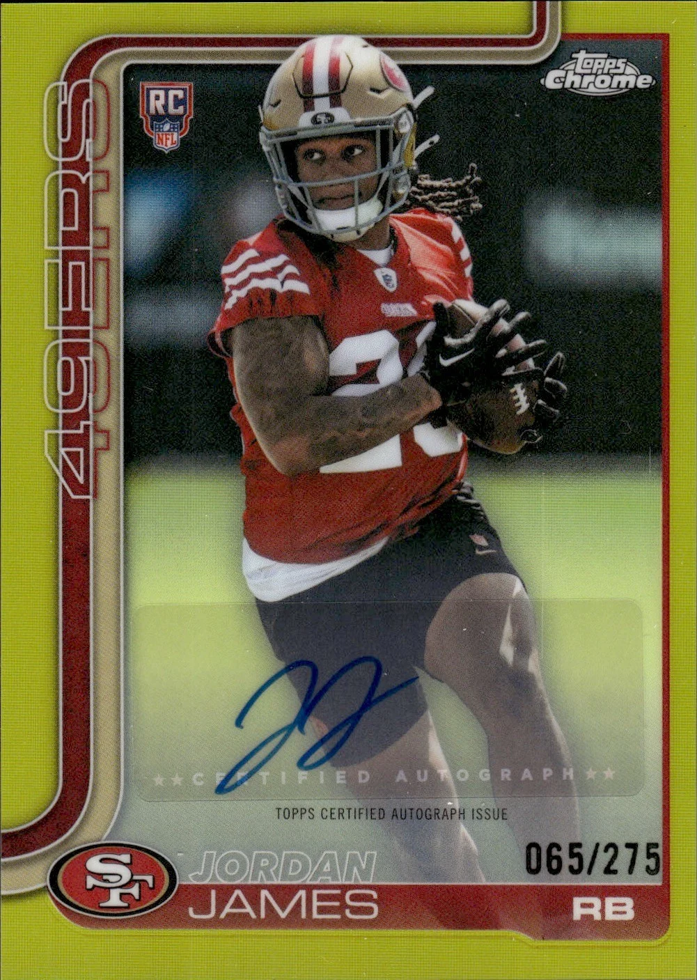 Jordan James #RA-JJ Rookie Card 2025 Topps Chrome Football Rookie Autographs Yellow Refractor front
