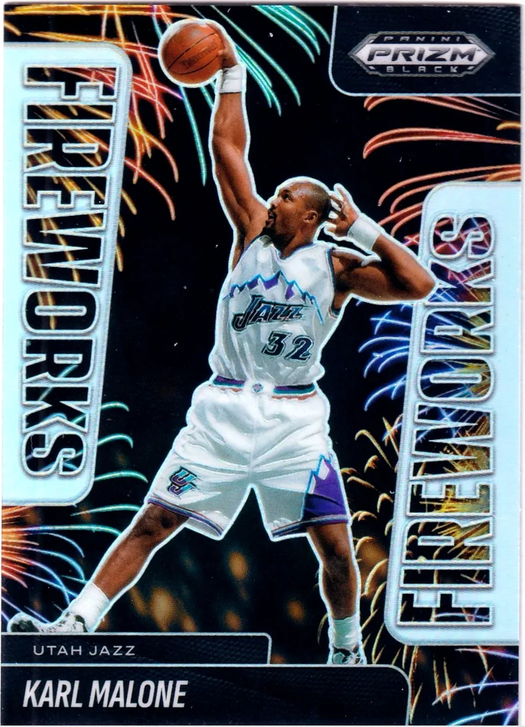 Karl Malone 2024-25 Panini Prizm Black #23 Silver Fireworks Prizm basketball card - Front