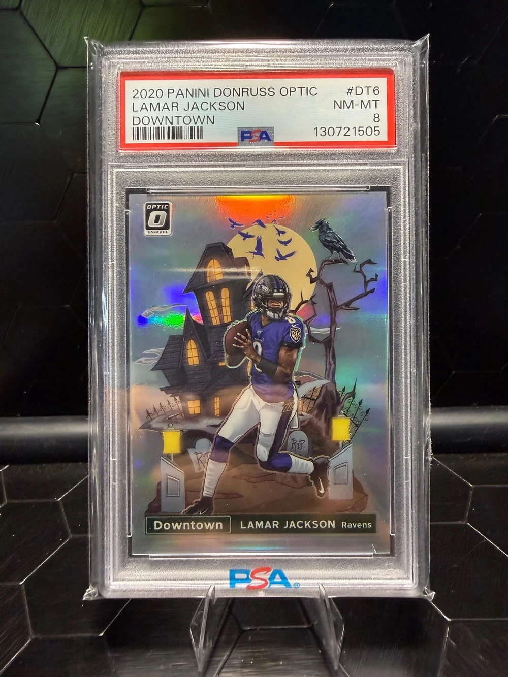 Lamar Jackson #DT-6 2020 Donruss Optic Football Downtown PSA 8 front