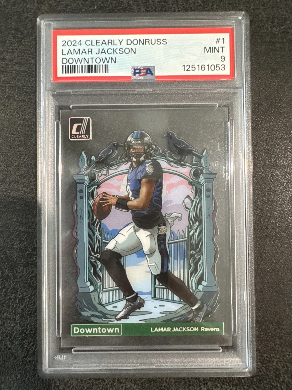Lamar Jackson #1 2024 Clearly Donruss Football Downtown PSA 9 front