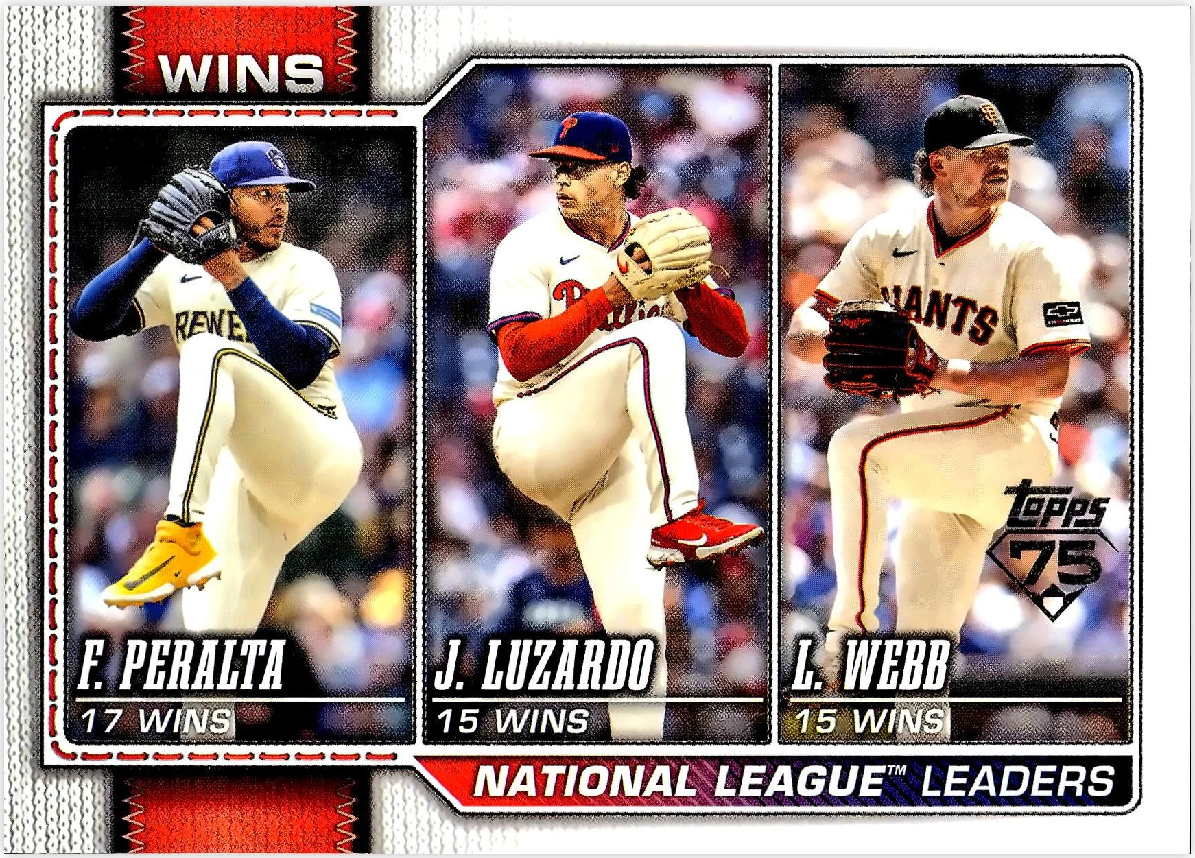 National League Leaders Wins (Freddy Peralta / Jesús Luzardo / Logan Webb) 2026 Topps #117 baseball card - Front