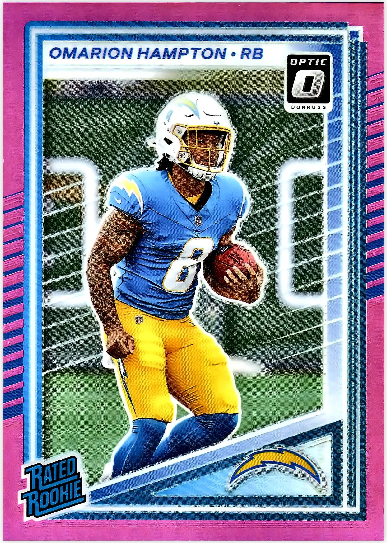 Omarion Hampton 2025 Donruss #303 Optic Rated Rookies Preview Pink football rookie card - Front
