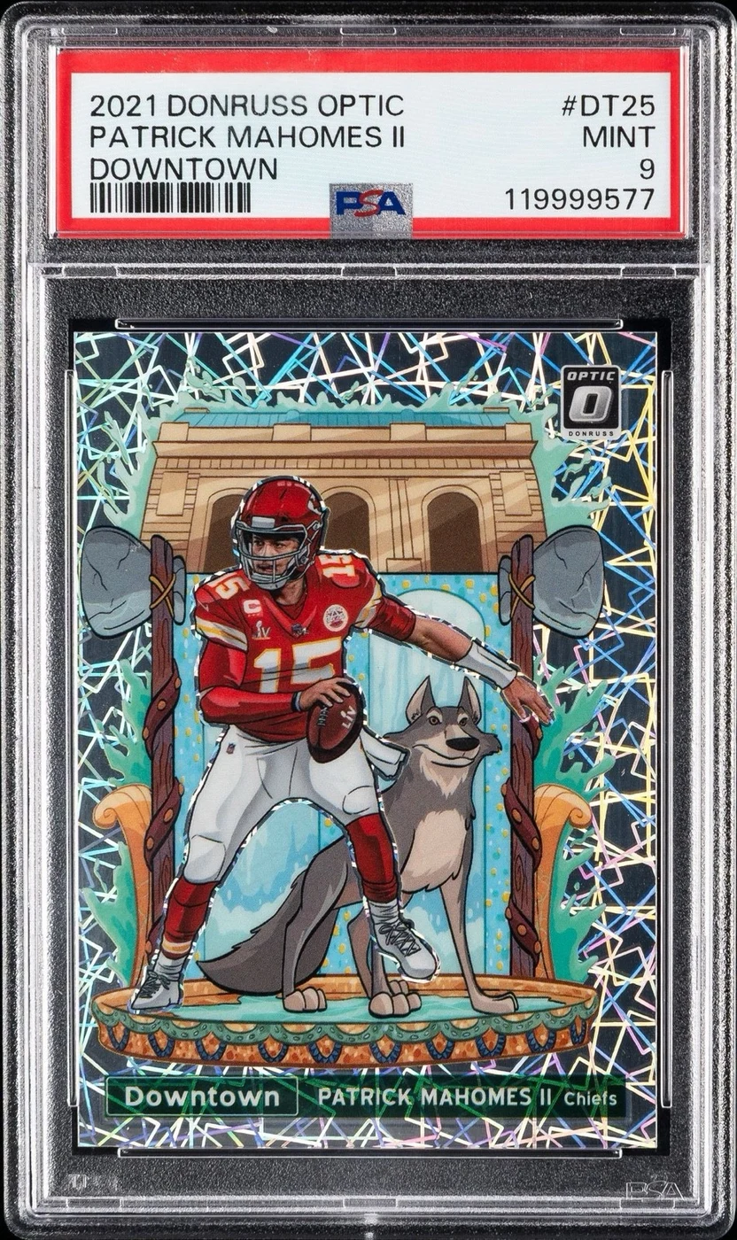 Patrick Mahomes II #DT-25 2021 Donruss Optic Football Downtown PSA 9 front