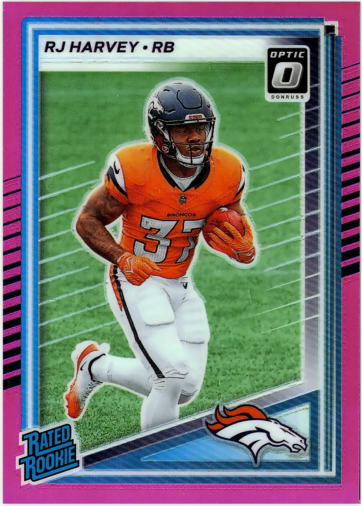 RJ Harvey 2025 Donruss #312 Optic Rated Rookies Preview Pink football rookie card - Front