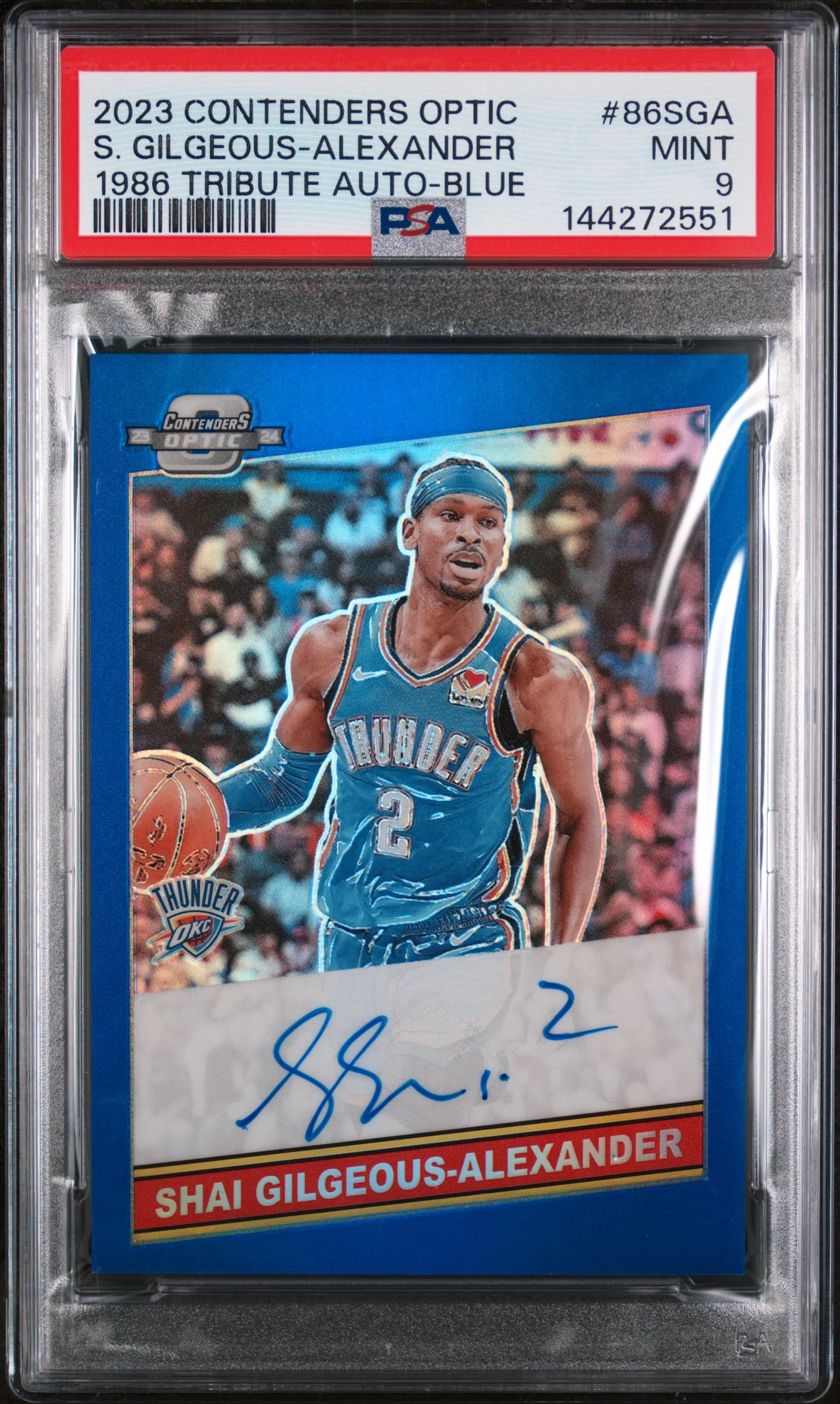 Shai Gilgeous-Alexander PSA 9 2023 Panini Contenders Optic 1986 Tribute Autographs #86SGA 1986 Tribute Auto-Blue /25 basketball card - Front