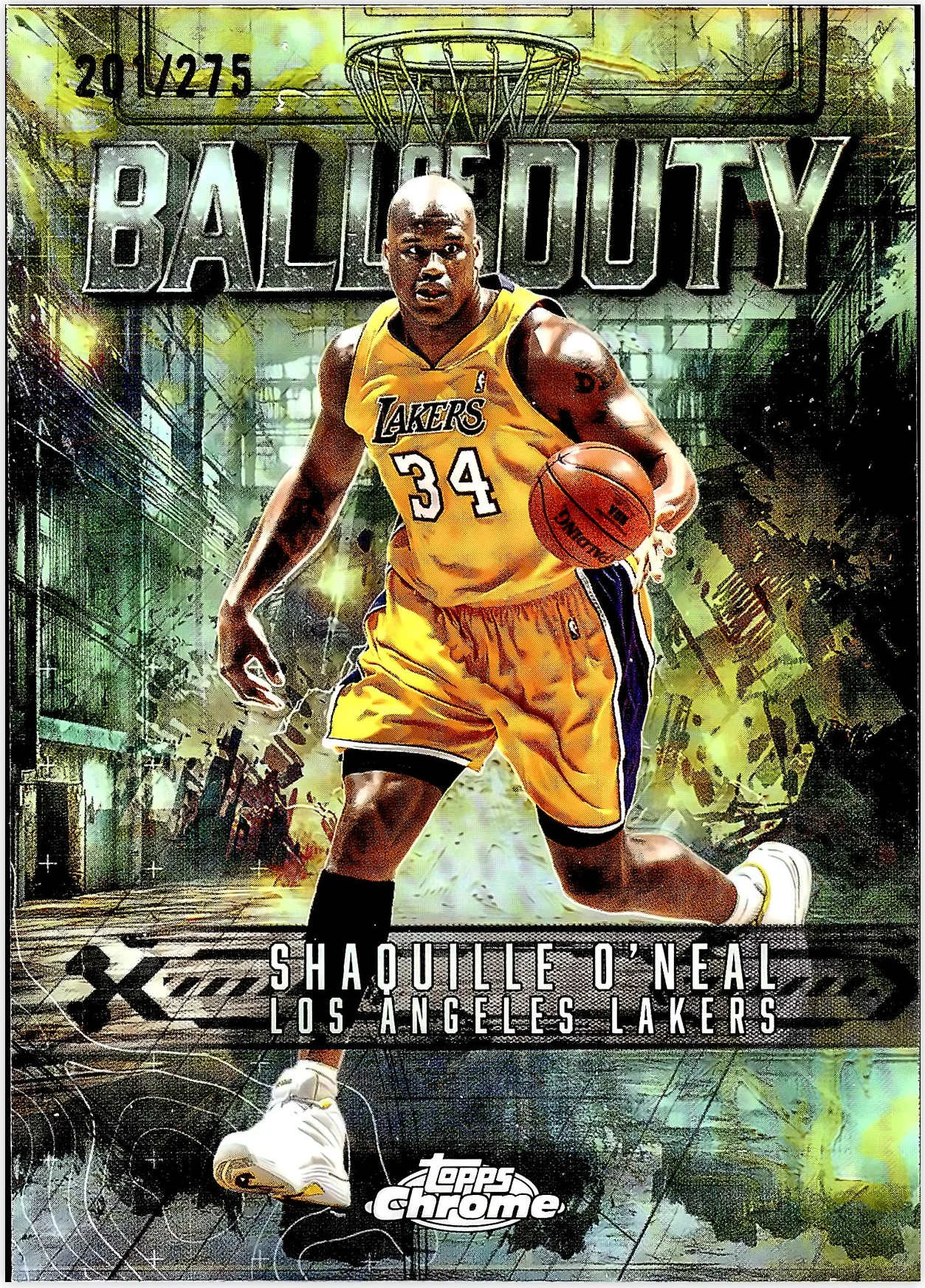 Shaquille O'Neal 2025-26 Topps Chrome #BD-18 Ball of Duty Yellow Refractor basketball card - Front