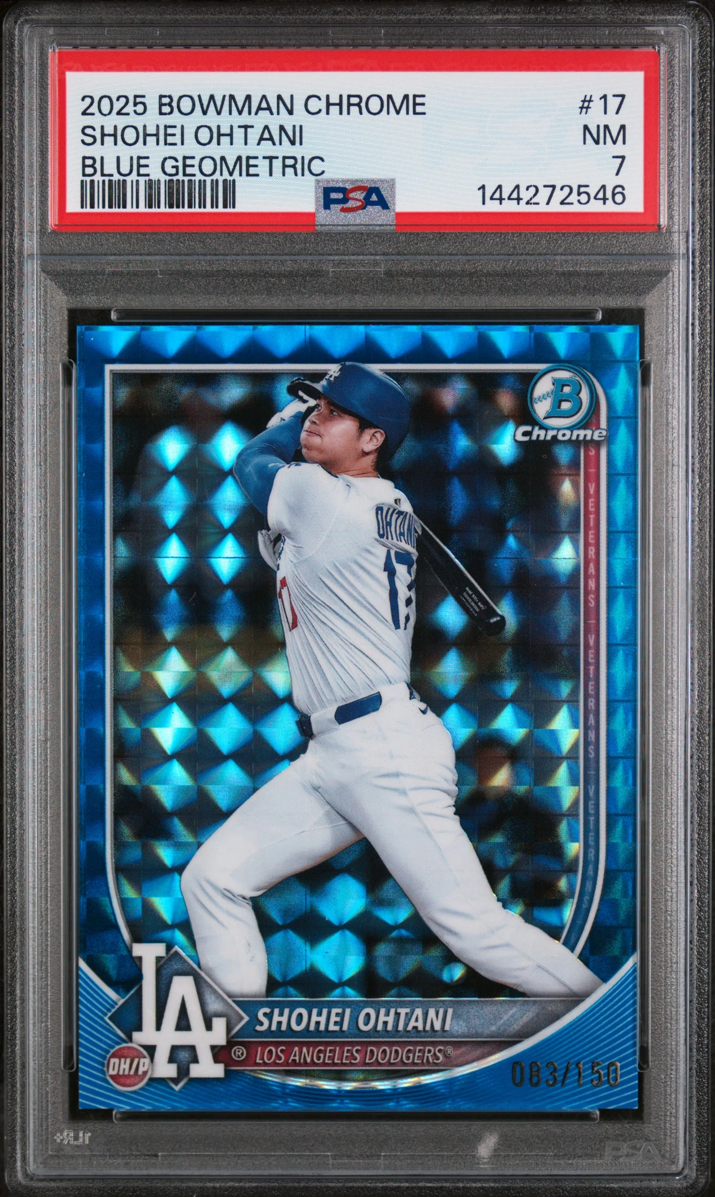 Shohei Ohtani PSA 7 2025 Bowman Chrome #17 Blue Geometric /150 baseball card - Front