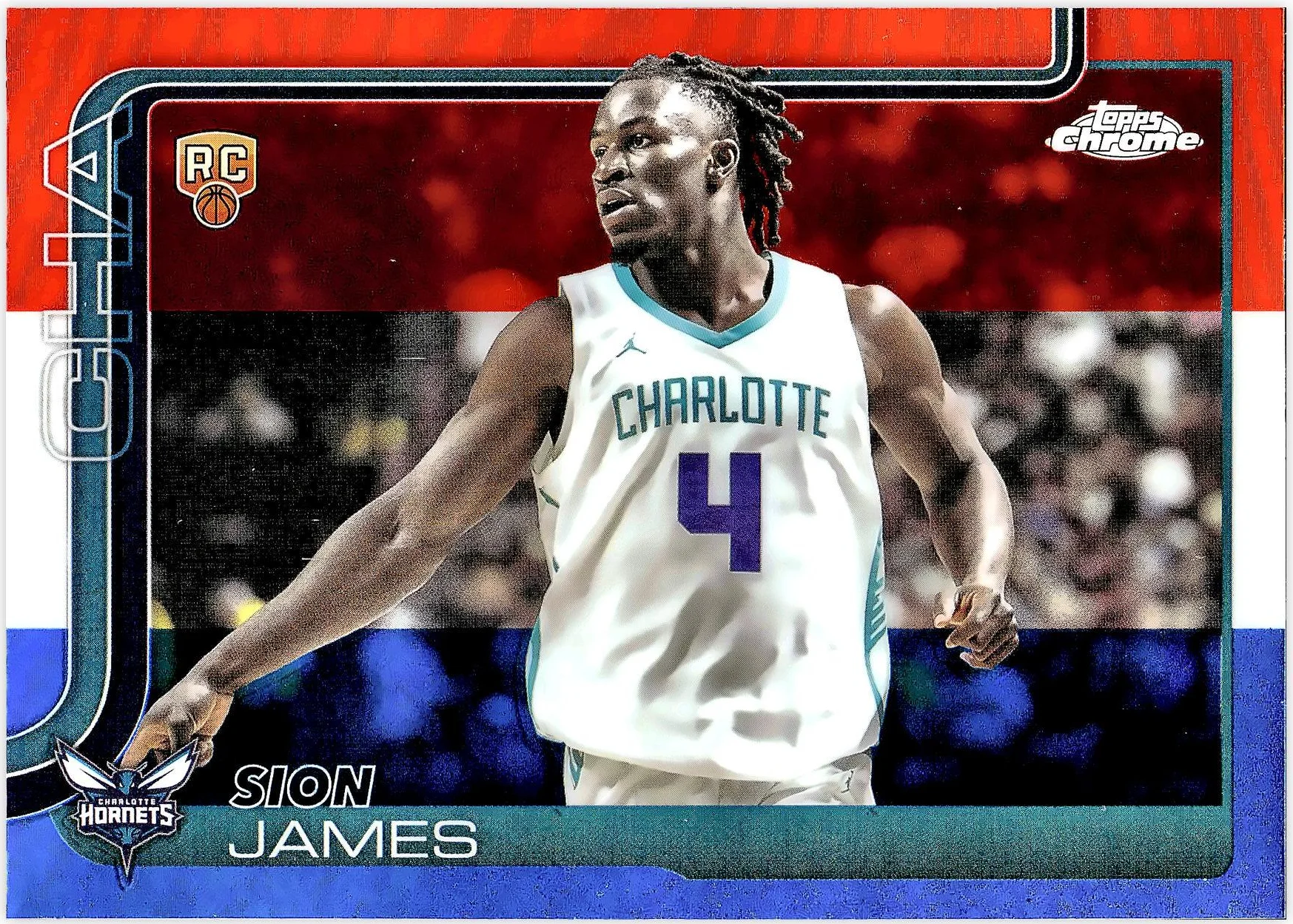 Sion James 2025-26 Topps Chrome #283 Red White and Blue Refractor basketball rookie card - Front