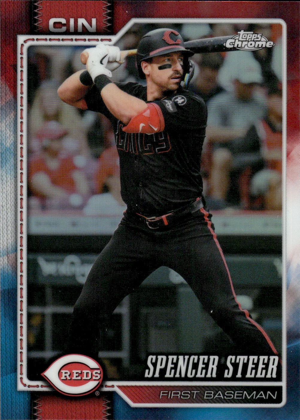 Spencer Steer #40 2026 Topps Chrome Baseball Red White & Blue Refractor front