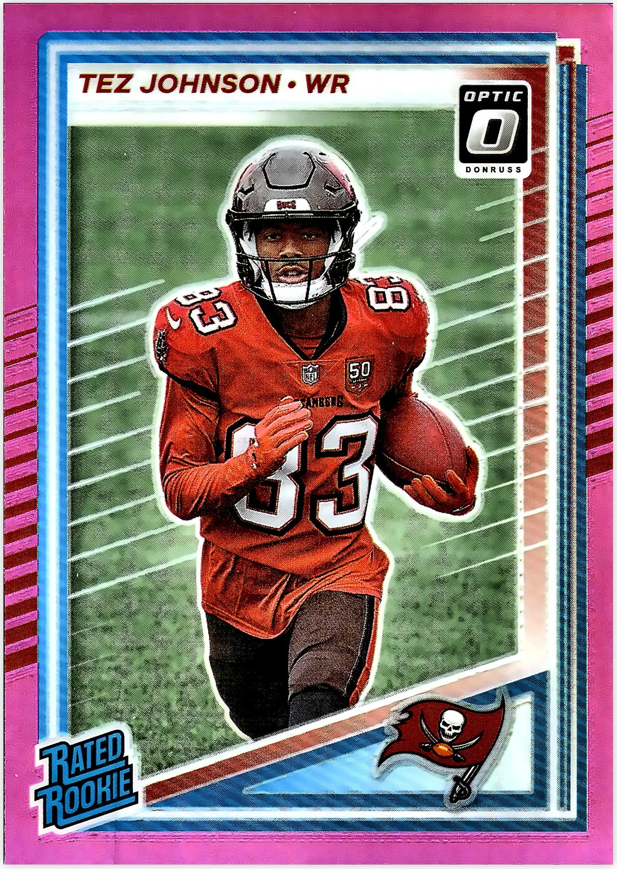 Tez Johnson 2025 Donruss #313 Optic Rated Rookies Preview Pink football rookie card - Front