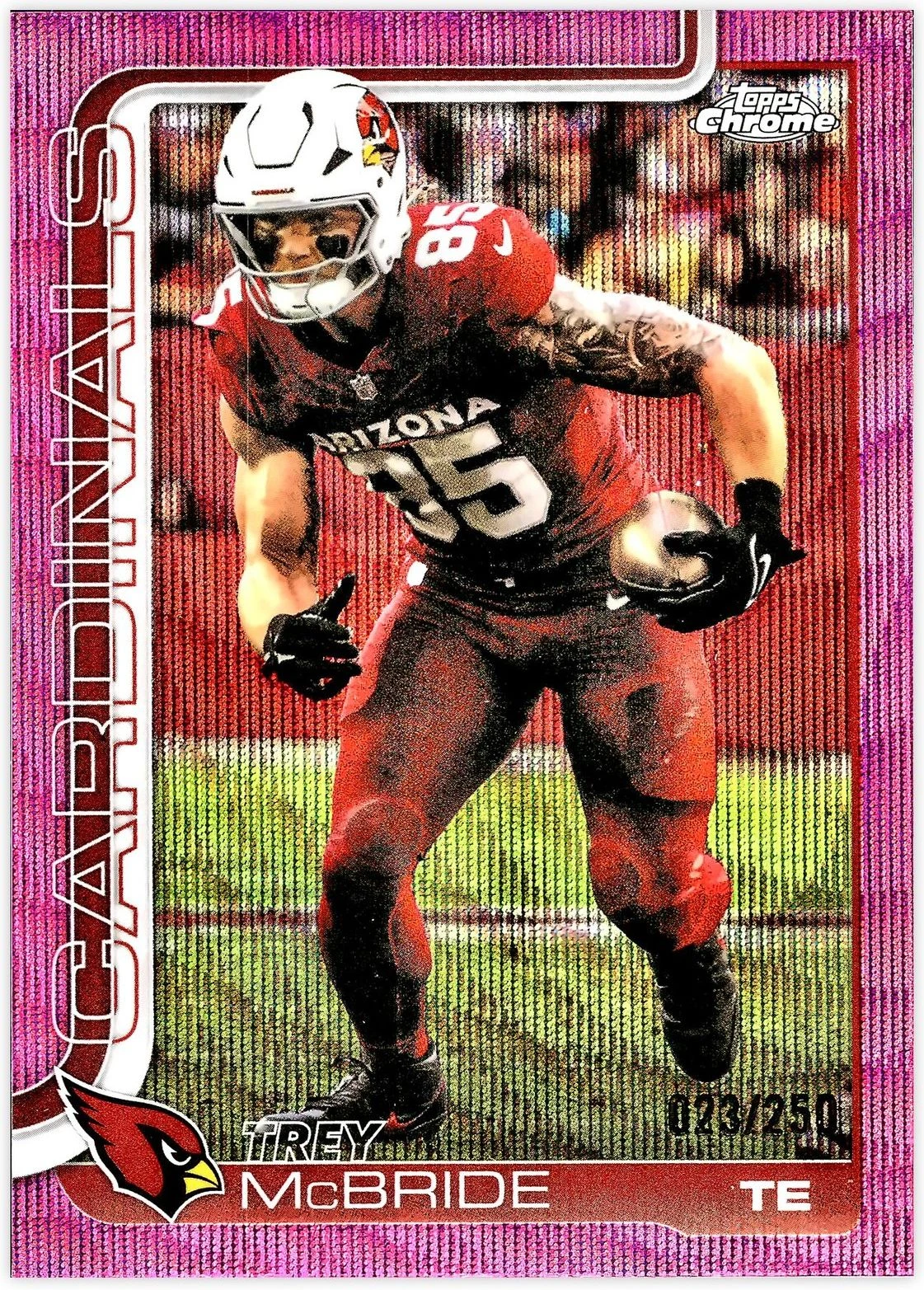 Trey McBride #4 2025 Topps Chrome Football Pink Wave Refractor front